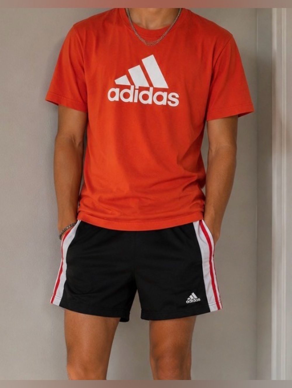 Vintage Adidas Shirt & Short Set Sport The Go To Tee Orange Black Boy Bundle